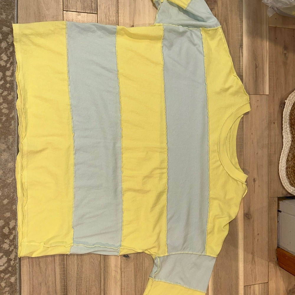 Free People Yellow and Light Blue Short Sleeve Tee